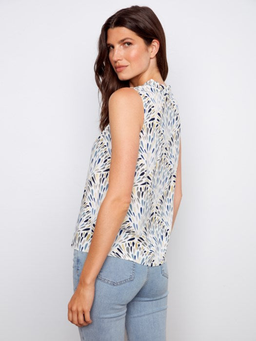 Printed Sleeveless Ruffle Neck Top