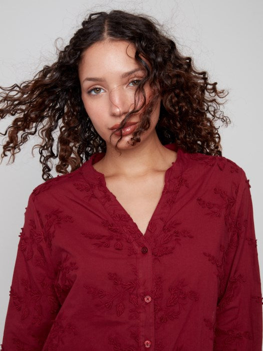 Floral Appliqué Button-Up Blouse