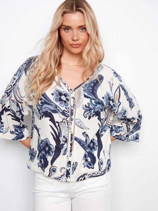 Printed Dolman Sleeve Blouse with Button Detail