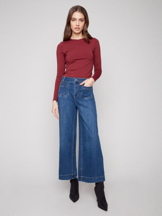 Cropped Patch Pocket Flare Stretch Denim Pants