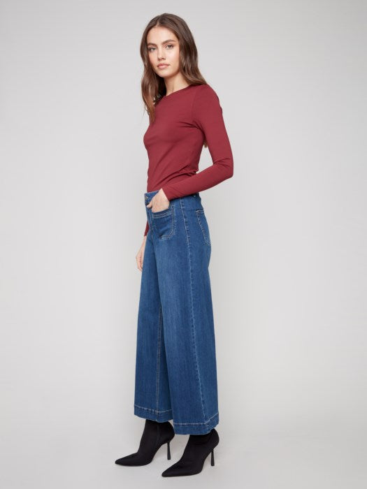 Cropped Patch Pocket Flare Stretch Denim Pants