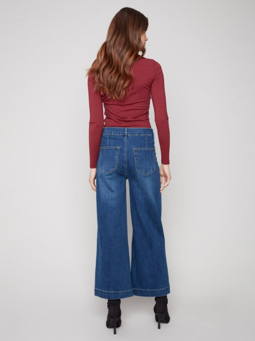 Cropped Patch Pocket Flare Stretch Denim Pants