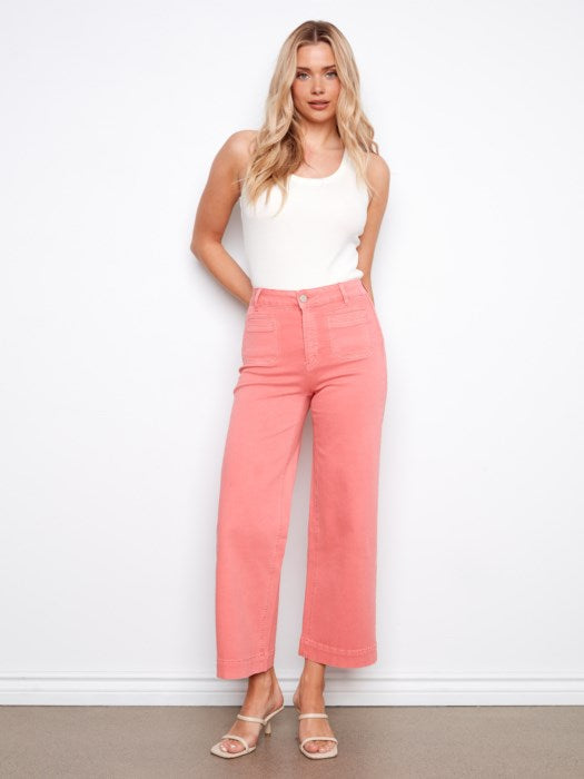 Cropped Patch Pocket Flare Twill Pants - SORBET