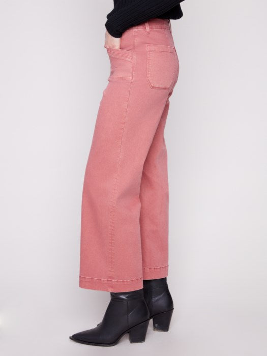 Cropped Wide Leg Coloured Twill Pants With Rectangular Patch