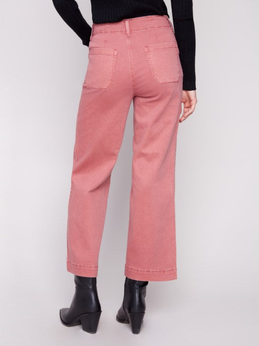 Cropped Wide Leg Coloured Twill Pants With Rectangular Patch