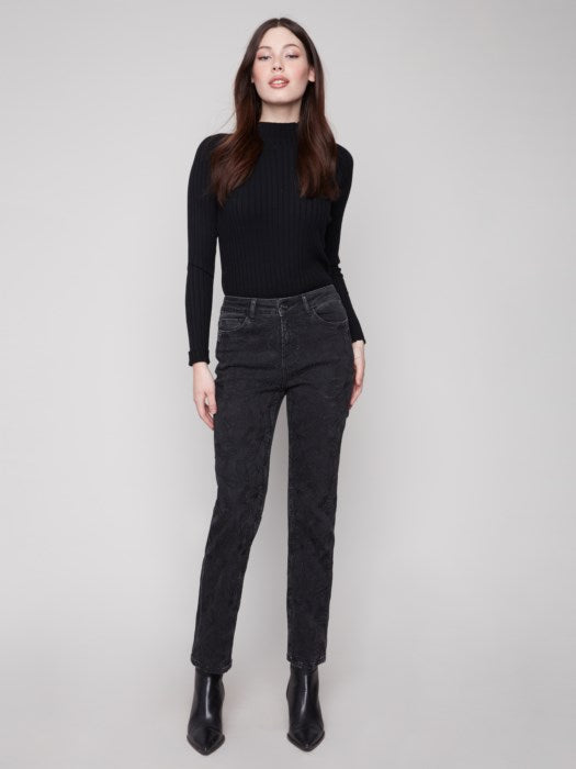 Straight Leg Stretch Denim Pants With Allover Tonal Embroide