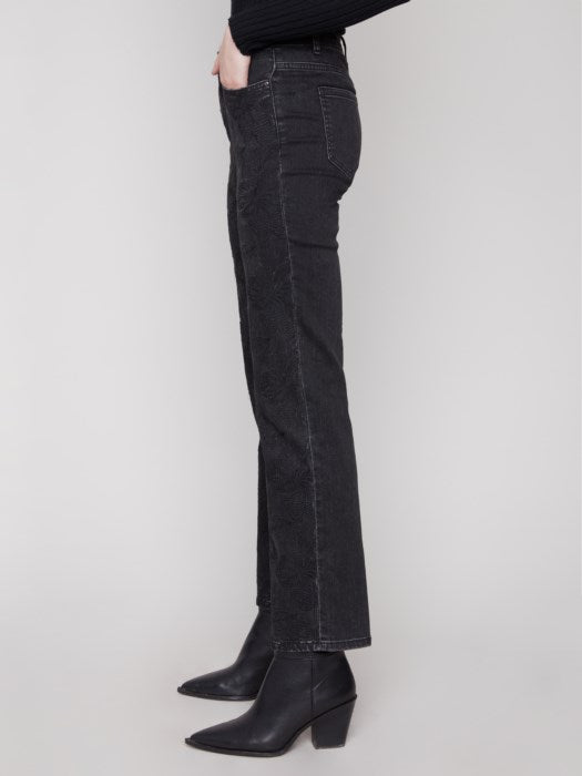 Straight Leg Stretch Denim Pants With Allover Tonal Embroide