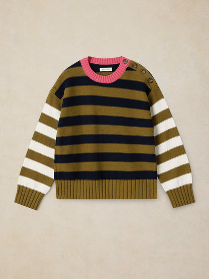 Bea Button Cotton Jumper - GREEN MULTI