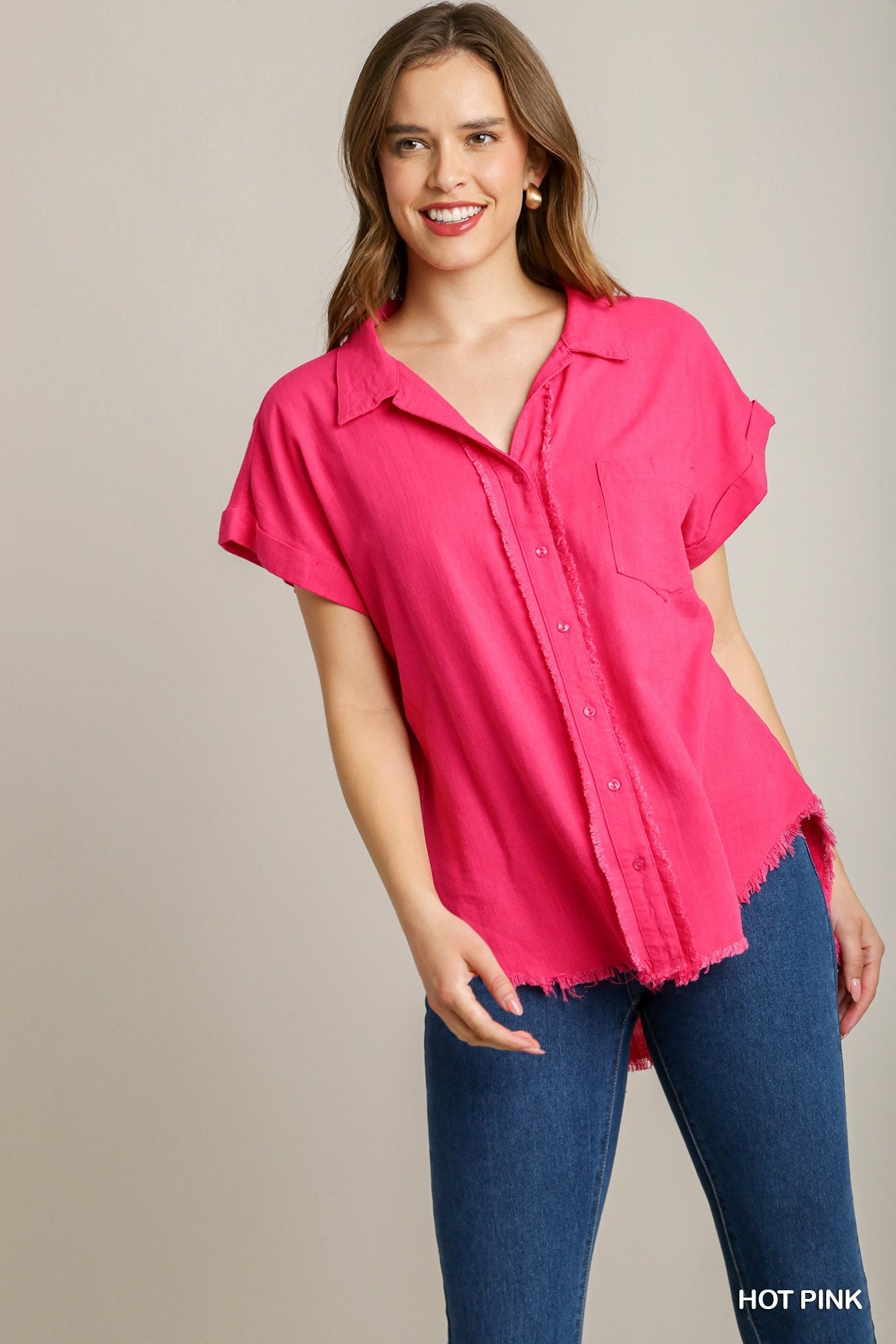 Button Down Short Sleeve Top with  Frayed Edged -  A6208