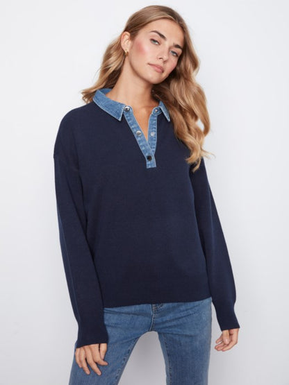 Denim Trim Polo Sweater