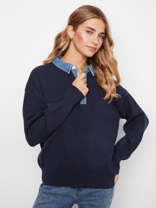 Denim Trim Polo Sweater