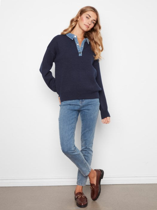 Denim Trim Polo Sweater
