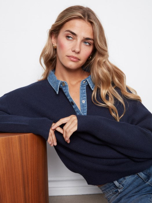 Denim Trim Polo Sweater
