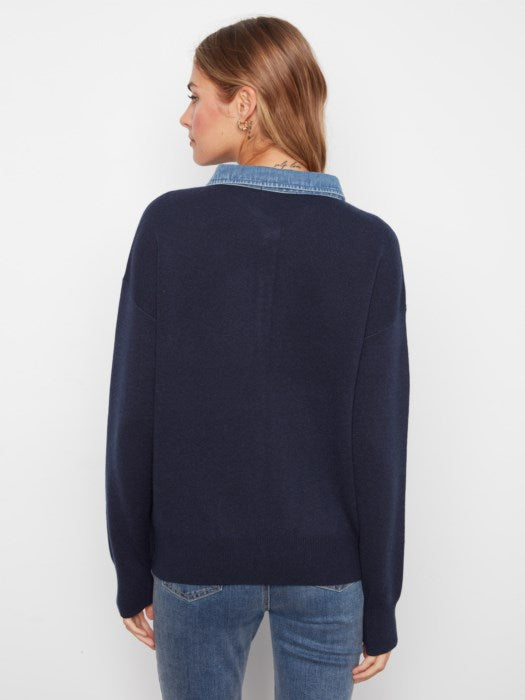 Denim Trim Polo Sweater