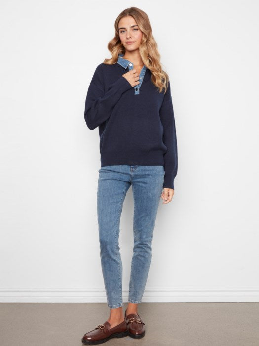 Denim Trim Polo Sweater