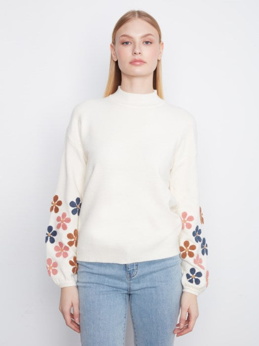 Mock Neck Sweater With Embroidered Flowers - C2689RR