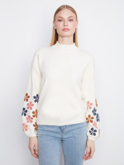 Mock Neck Sweater With Embroidered Flowers - C2689RR