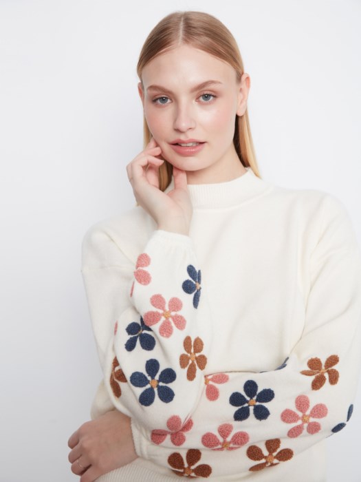 Mock Neck Sweater With Embroidered Flowers - C2689RR