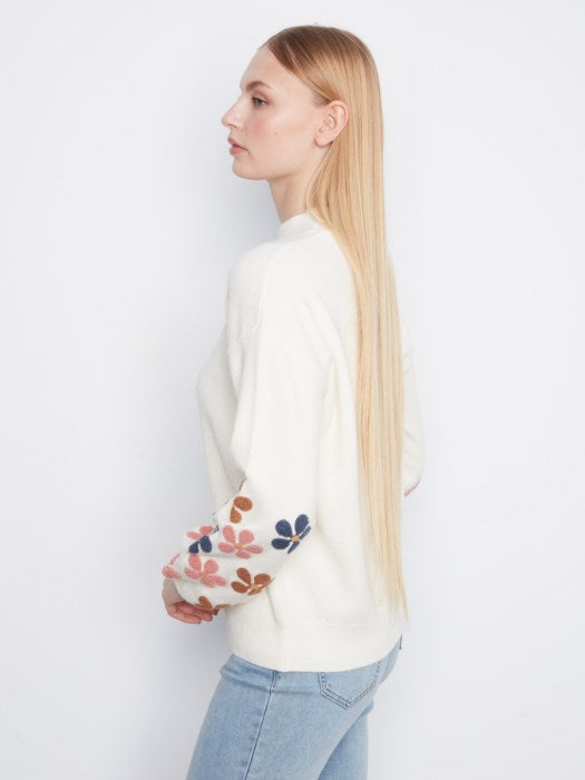 Mock Neck Sweater With Embroidered Flowers - C2689RR