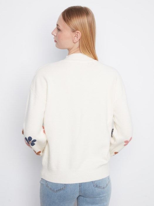 Mock Neck Sweater With Embroidered Flowers - C2689RR