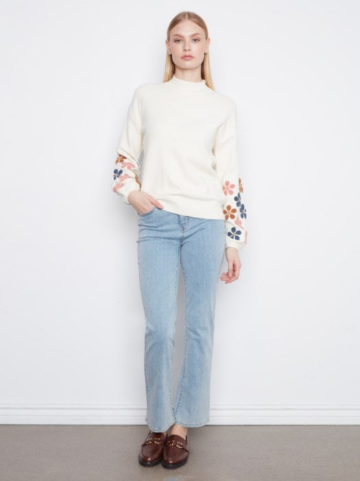Mock Neck Sweater With Embroidered Flowers - C2689RR