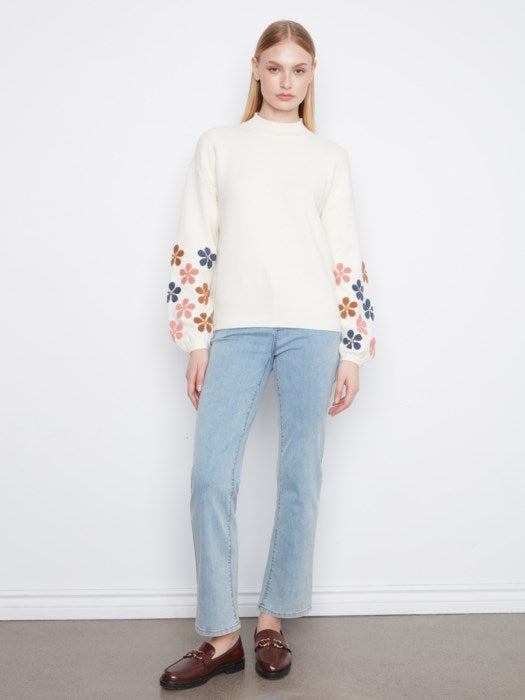 Mock Neck Sweater With Embroidered Flowers - C2689RR