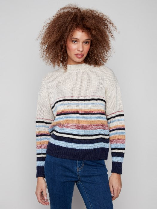 Crew Neck Sweater With Multicolour Stripes
