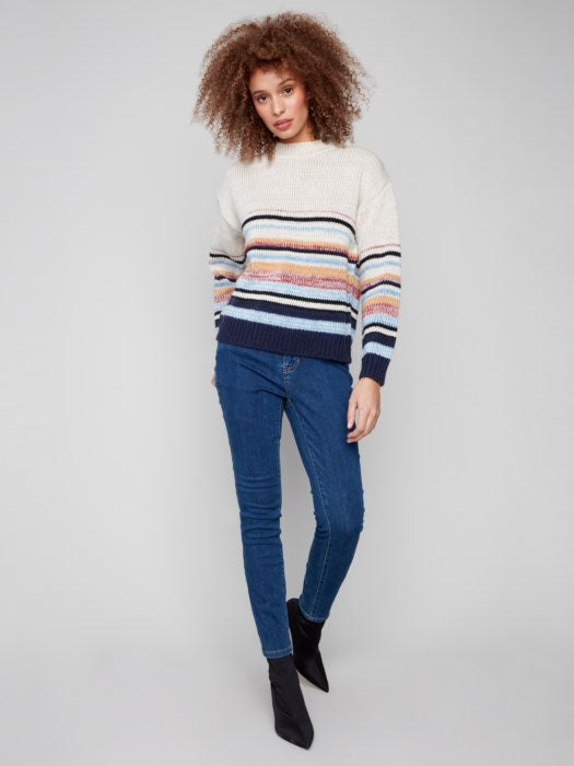 Crew Neck Sweater With Multicolour Stripes