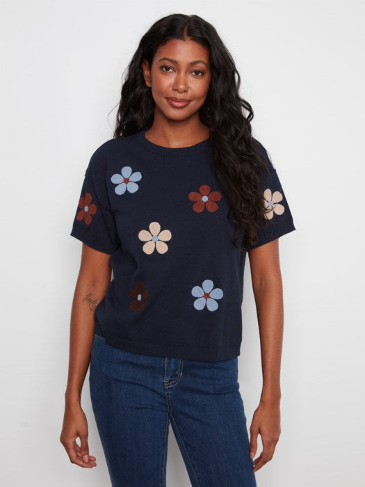 Cotton Floral Embroidered Short Sleeve Sweater
