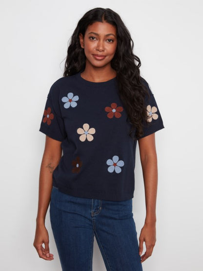 Cotton Floral Embroidered Short Sleeve Sweater