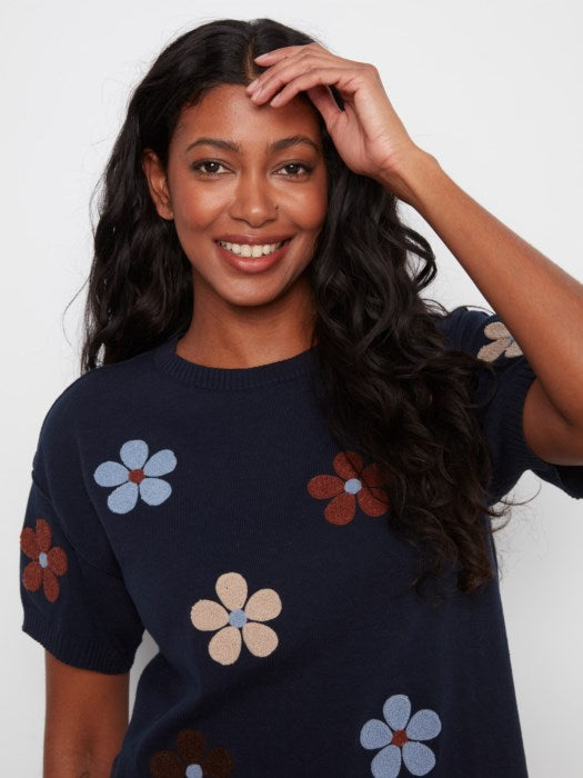 Cotton Floral Embroidered Short Sleeve Sweater