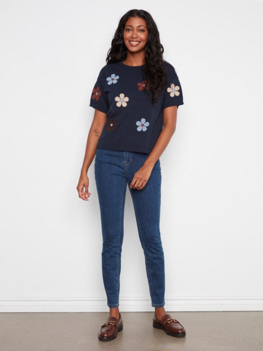 Cotton Floral Embroidered Short Sleeve Sweater