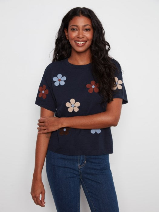 Cotton Floral Embroidered Short Sleeve Sweater