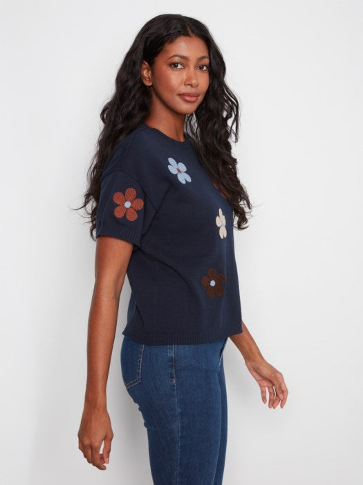 Cotton Floral Embroidered Short Sleeve Sweater