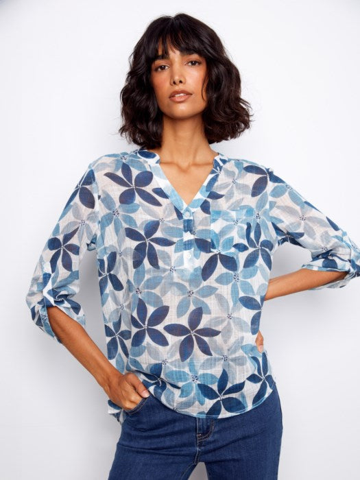 Printed Roll Up Sleeve Blouse
