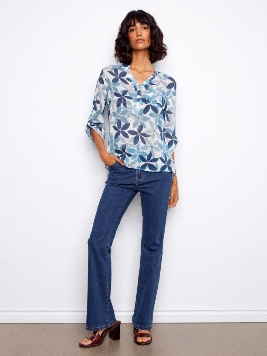 Printed Roll Up Sleeve Blouse