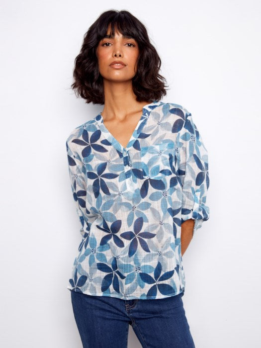 Printed Roll Up Sleeve Blouse
