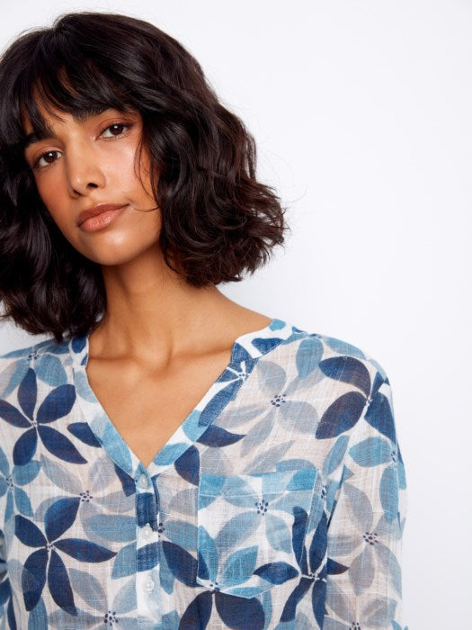 Printed Roll Up Sleeve Blouse