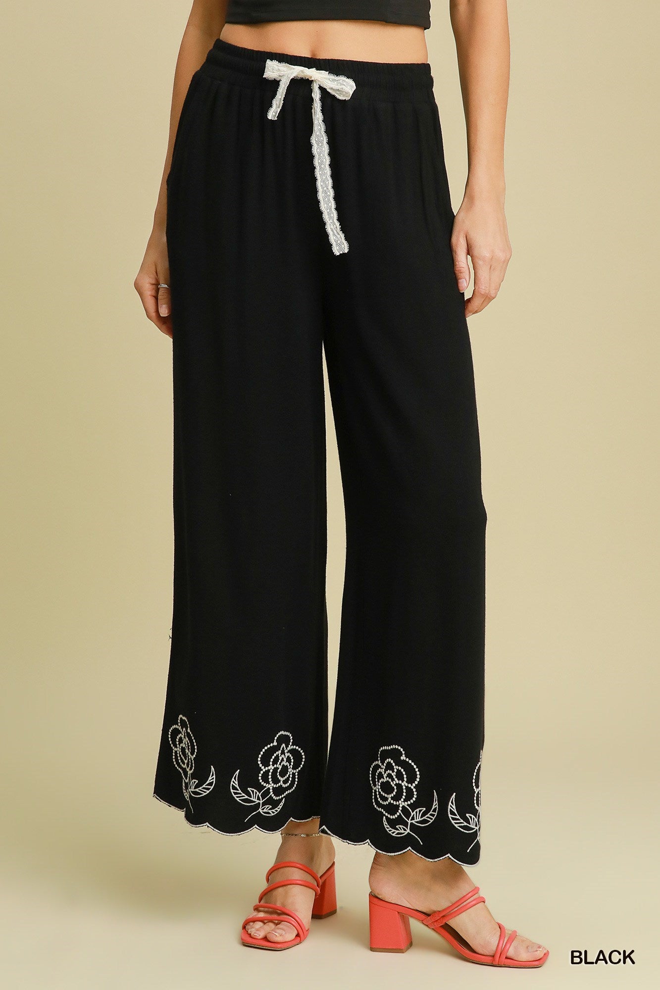 Floral Embroidered Wide Leg Pants - C4279-P