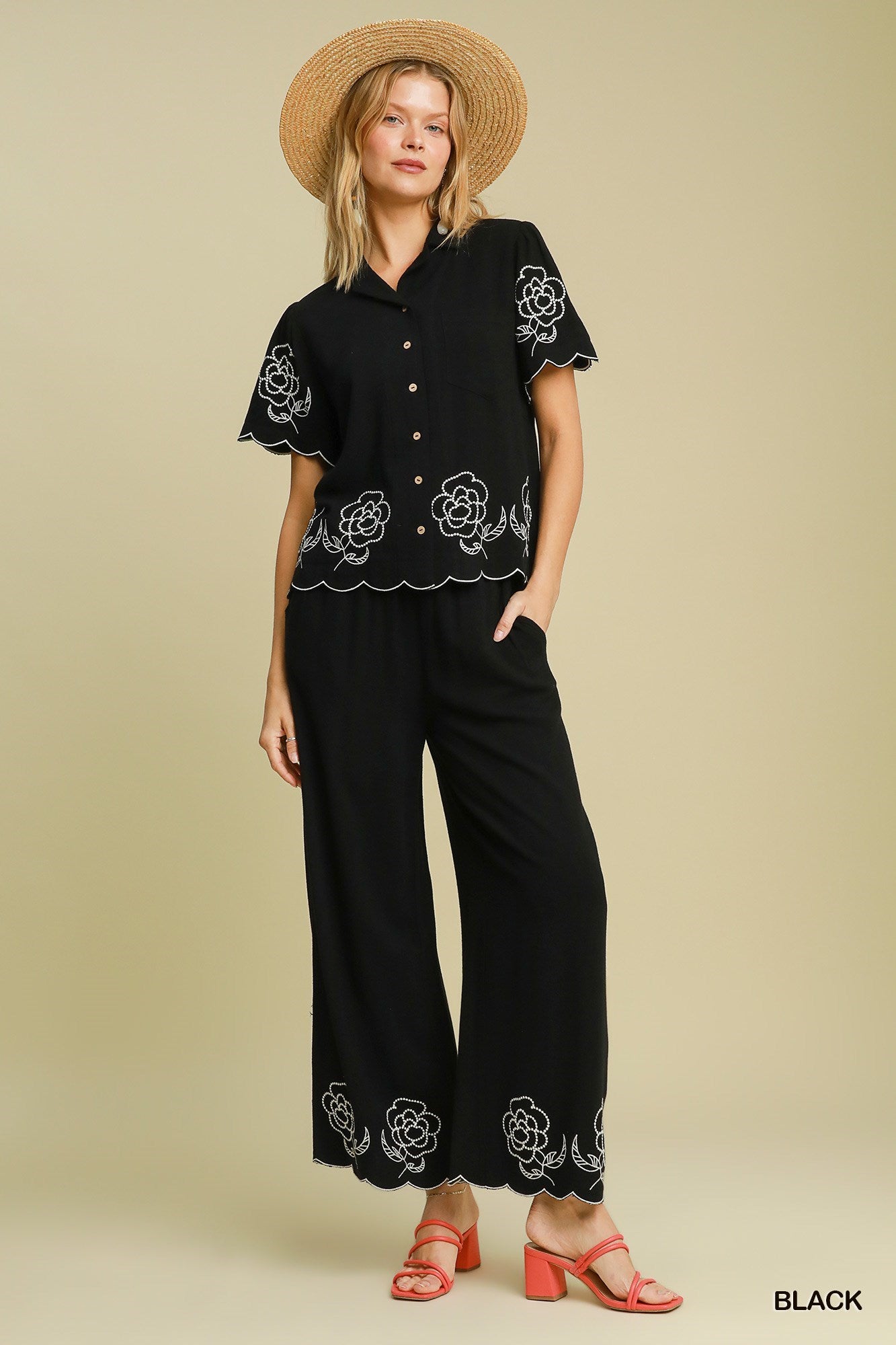 Floral Embroidered Wide Leg Pants - C4279-P