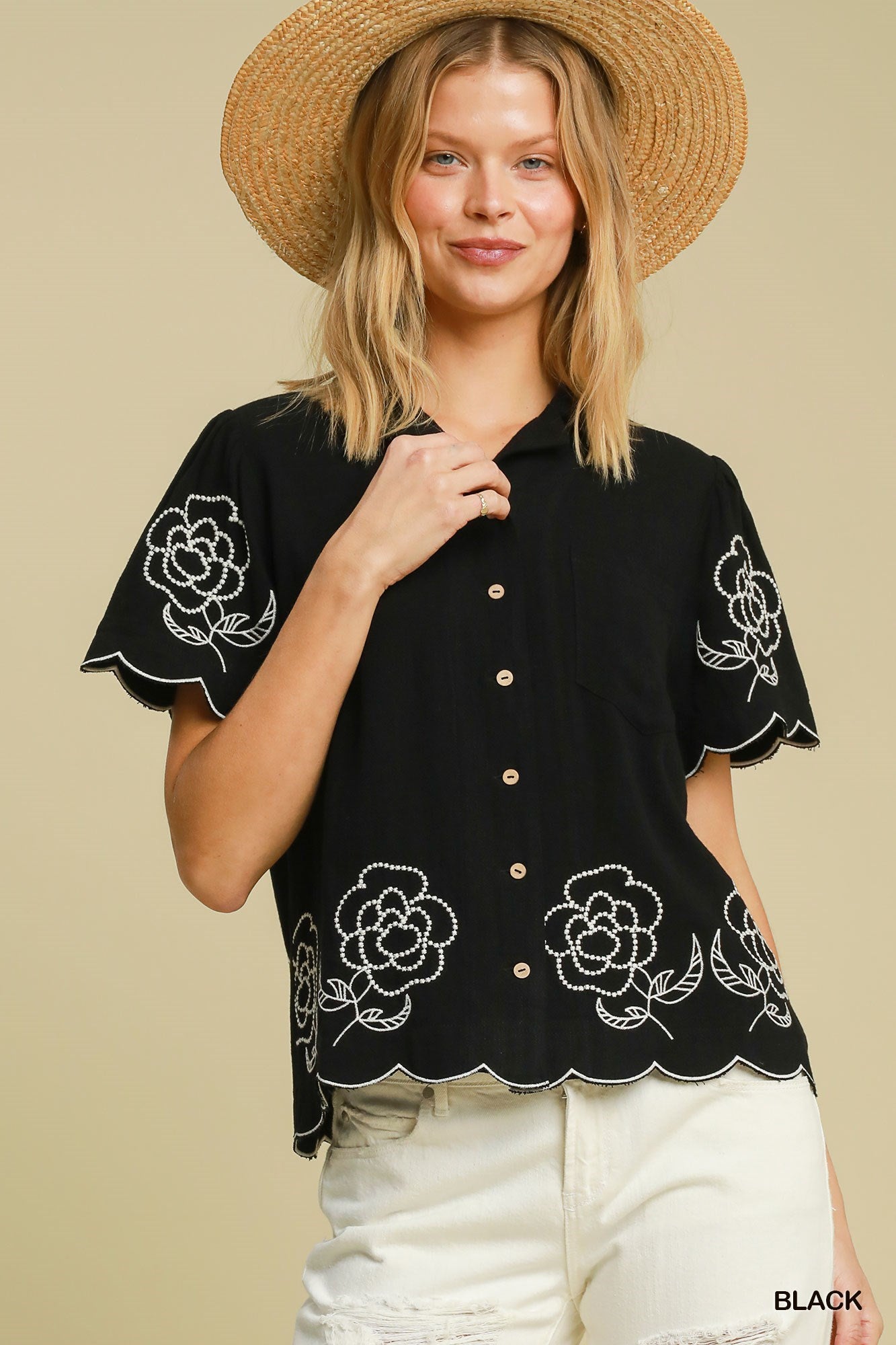 Floral Embroidered Button Down Shirt - C4279-T