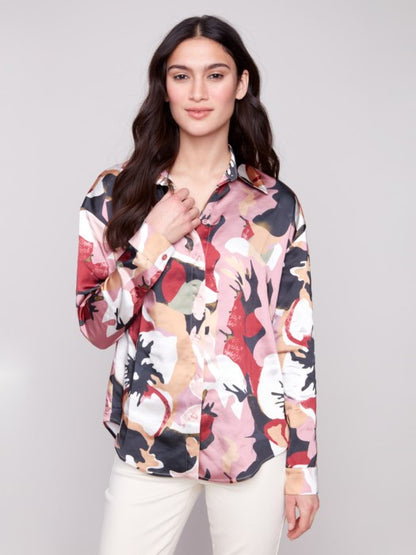Printed Satin Button-Down Shirt