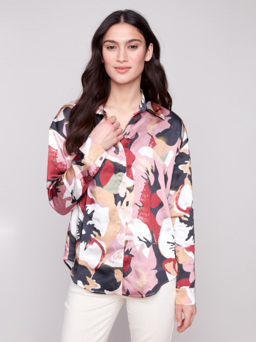 Printed Satin Button-Down Shirt