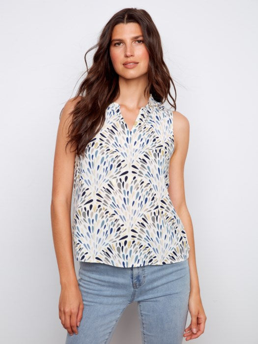 Printed Sleeveless Ruffle Neck Top