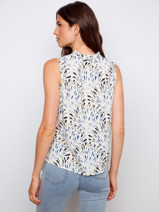Printed Sleeveless Ruffle Neck Top