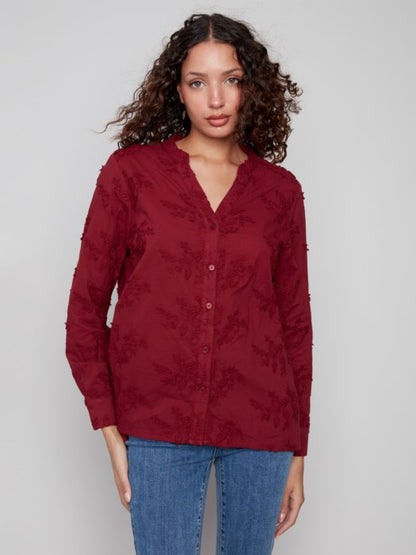 Floral Appliqué Button-Up Blouse