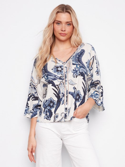 Printed Dolman Sleeve Blouse with Button Detail