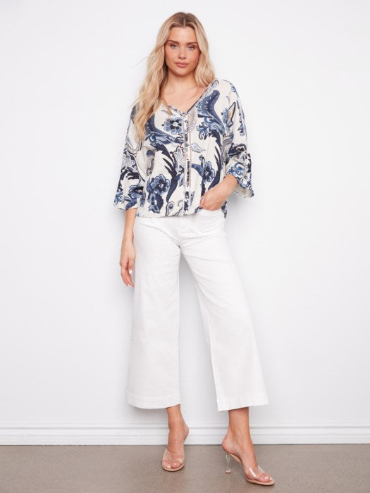 Printed Dolman Sleeve Blouse with Button Detail