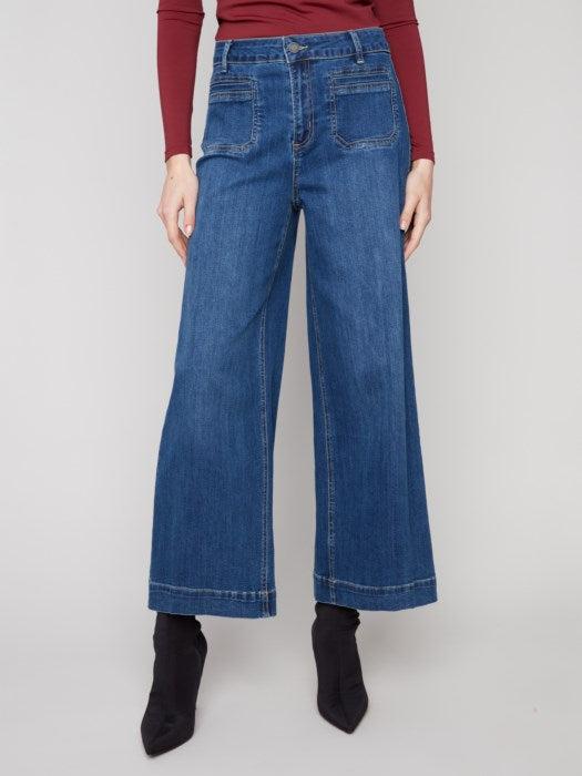 Cropped Patch Pocket Flare Stretch Denim Pants