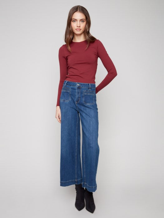Cropped Patch Pocket Flare Stretch Denim Pants